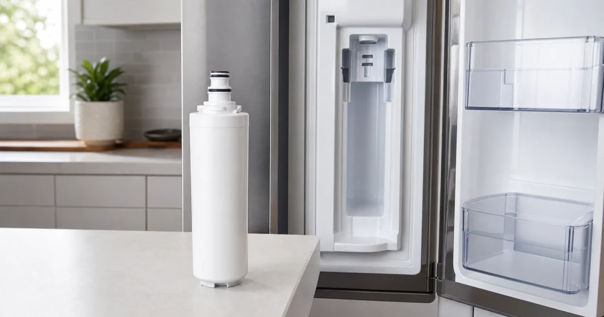 A refrigerator water filter cartridge on a kitchen counter beside an open refrigerator door showing the filter slot