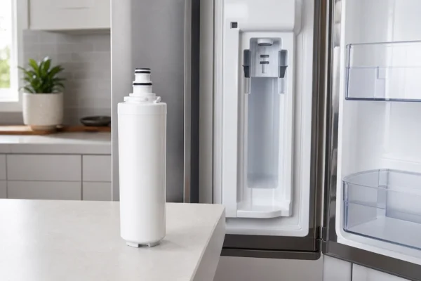 A refrigerator water filter cartridge on a kitchen counter beside an open refrigerator door showing the filter slot