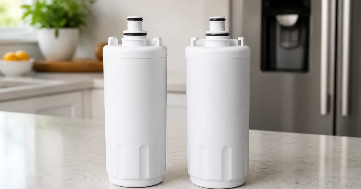 Two similar white refrigerator water filter cartridges standing side by side for comparison on a light kitchen counter