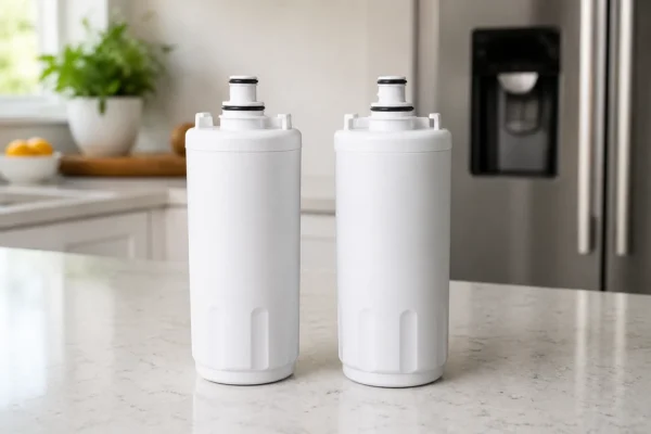 Two similar white refrigerator water filter cartridges standing side by side for comparison on a light kitchen counter