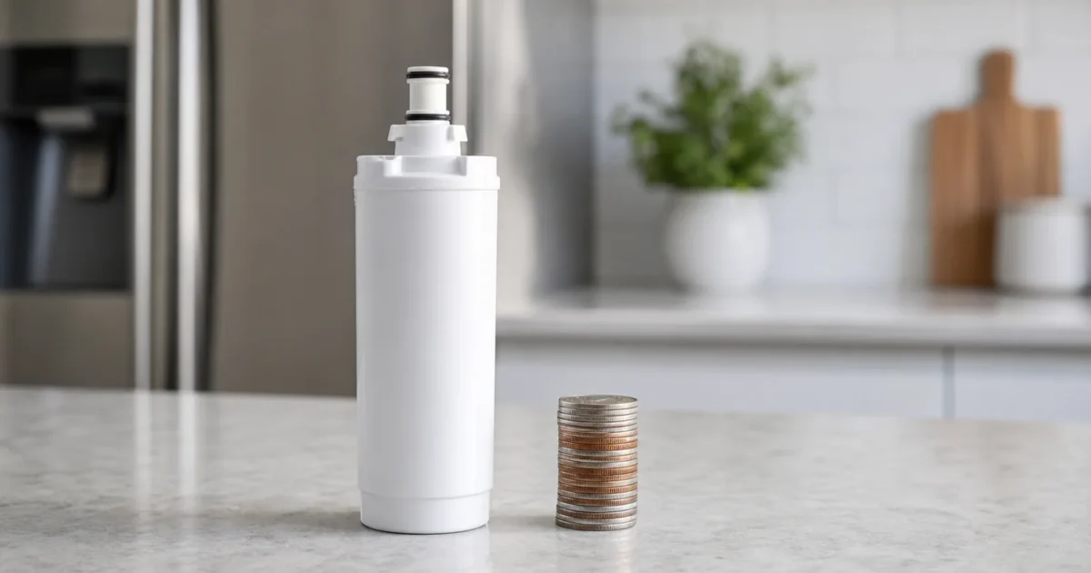 A refrigerator water filter cartridge next to a small stack of coins on a kitchen counter