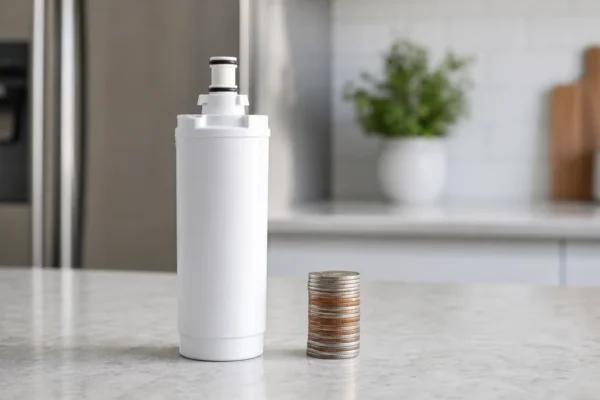 A refrigerator water filter cartridge next to a small stack of coins on a kitchen counter