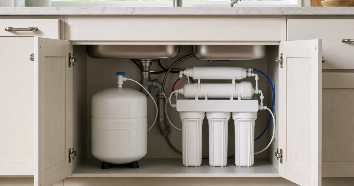 An under-sink reverse osmosis system with its storage tank and filter stages installed inside a clean kitchen cabinet