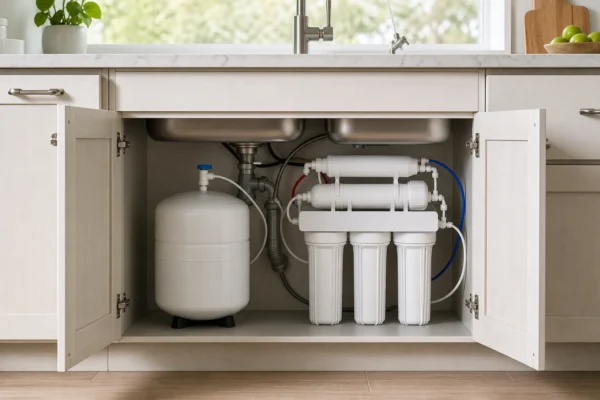 An under-sink reverse osmosis system with its storage tank and filter stages installed inside a clean kitchen cabinet