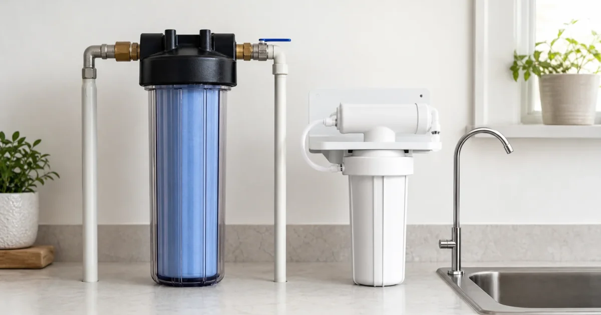 A large whole-house water filter housing and a compact under-sink filter shown side by side against a plain background