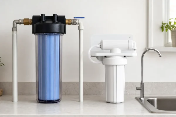 A large whole-house water filter housing and a compact under-sink filter shown side by side against a plain background