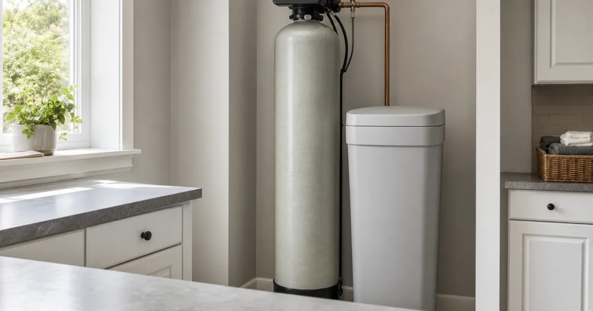 A tall water softener tank with its brine tank in a tidy utility room with natural light