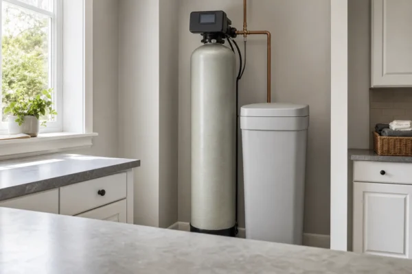 A tall water softener tank with its brine tank in a tidy utility room with natural light