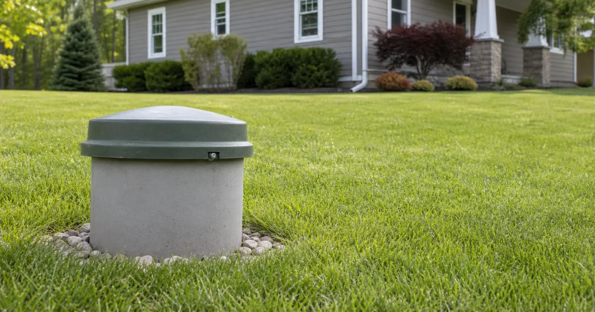 An outdoor residential well cap in a mowed green yard with a house in the background