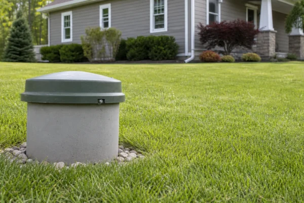 An outdoor residential well cap in a mowed green yard with a house in the background