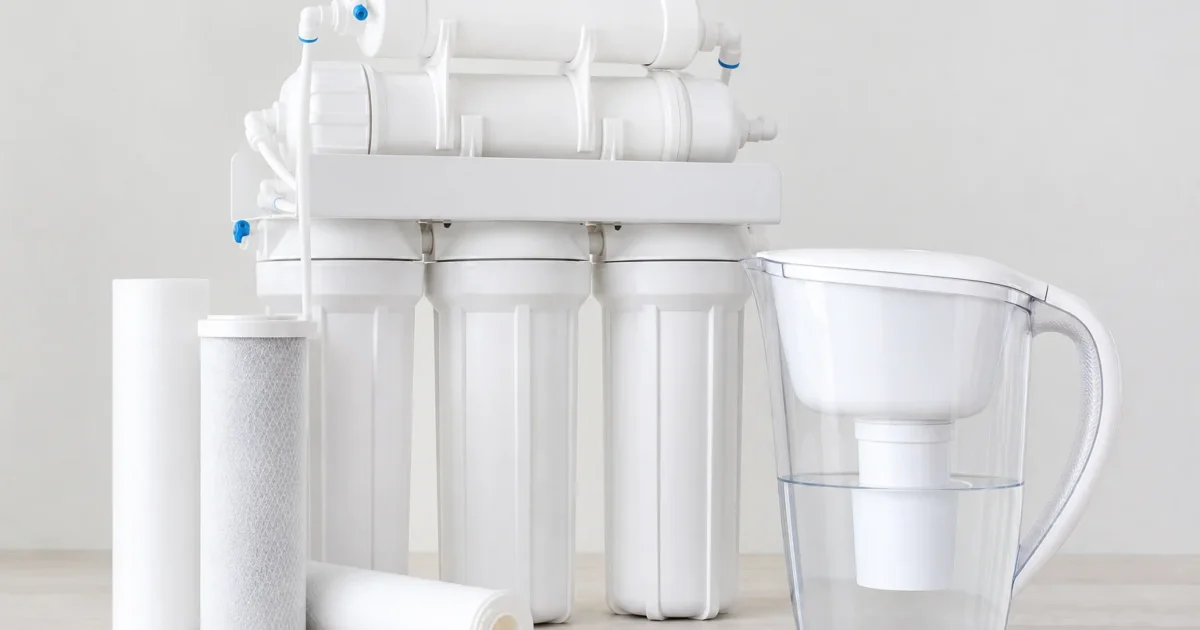 An under-sink reverse osmosis system and a white pitcher filter arranged together on a plain light surface