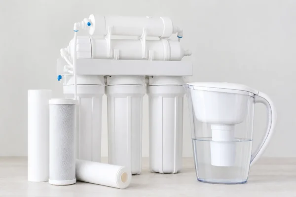 An under-sink reverse osmosis system and a white pitcher filter arranged together on a plain light surface