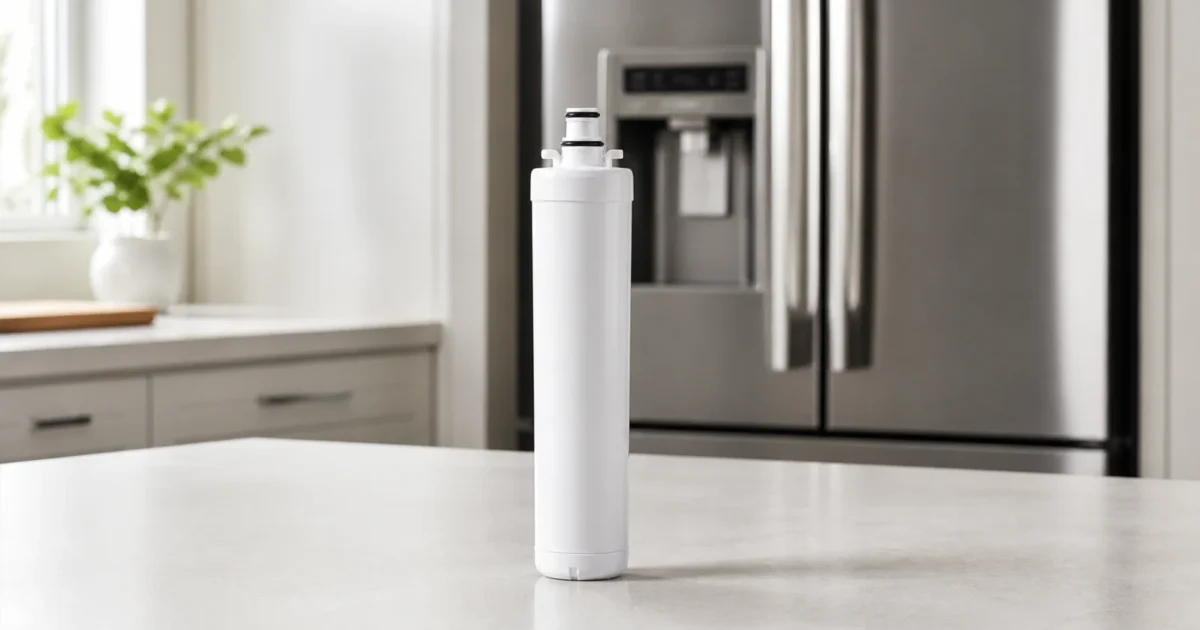 A tall slim refrigerator water filter cartridge standing on a kitchen counter in front of a modern refrigerator