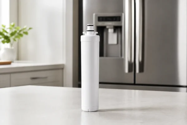 A tall slim refrigerator water filter cartridge standing on a kitchen counter in front of a modern refrigerator