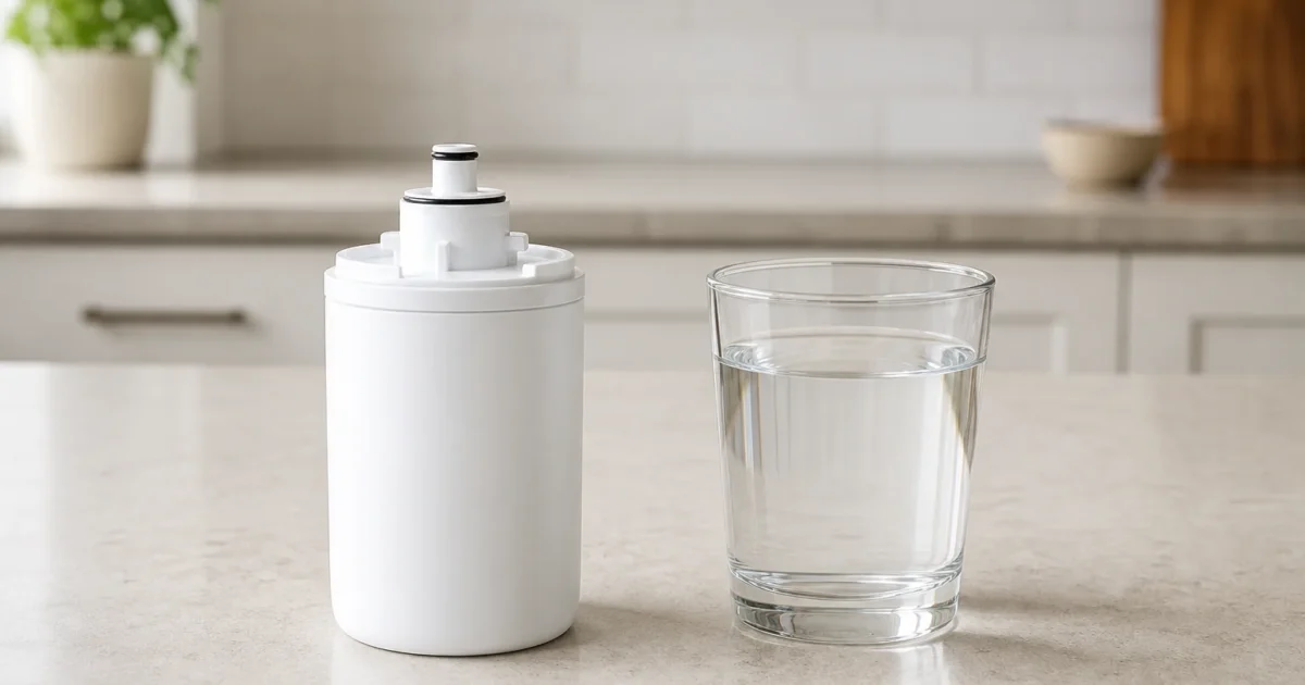 A compact cylindrical refrigerator water filter cartridge beside a glass of clear water on a kitchen counter