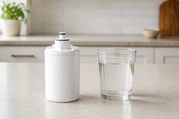 A compact cylindrical refrigerator water filter cartridge beside a glass of clear water on a kitchen counter