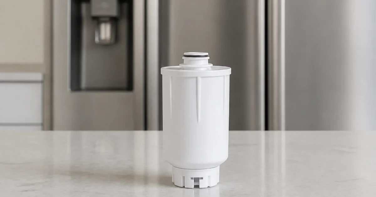 A short white refrigerator water filter cartridge with a keyed base standing on a light counter in front of a refrigerator