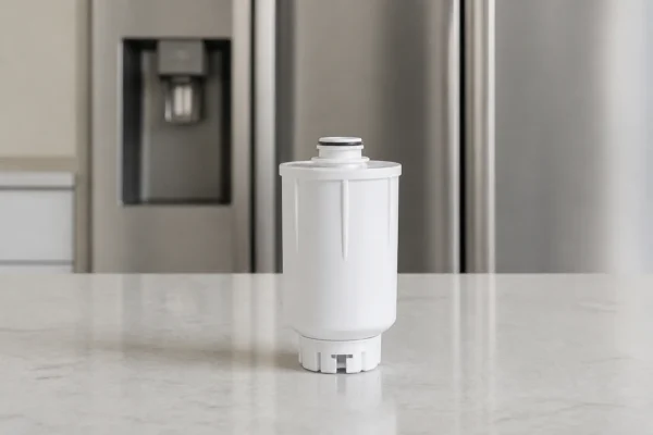 A short white refrigerator water filter cartridge with a keyed base standing on a light counter in front of a refrigerator