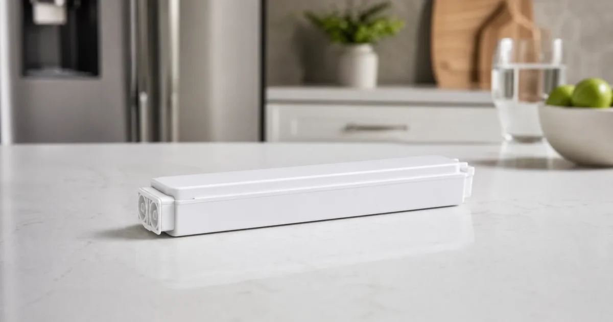 A slim rectangular refrigerator water filter cartridge lying flat on a clean kitchen counter