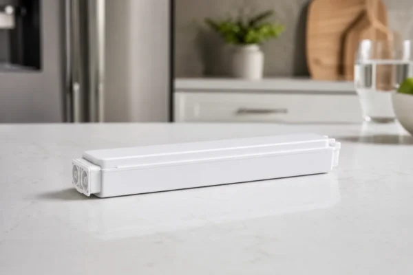 A slim rectangular refrigerator water filter cartridge lying flat on a clean kitchen counter