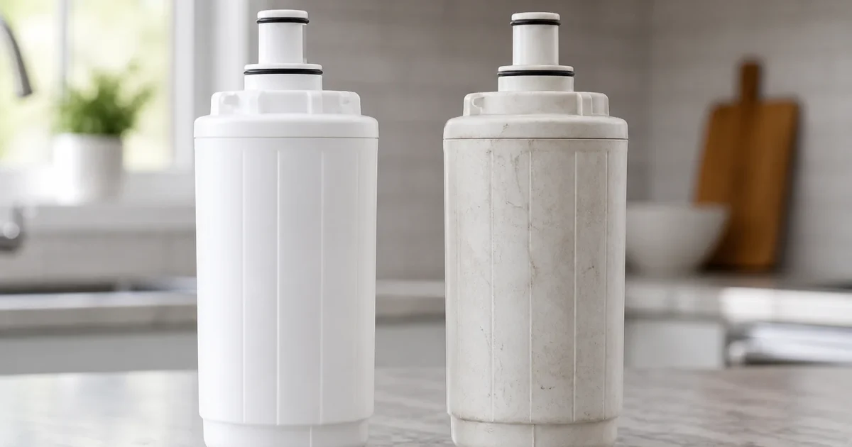 A new white refrigerator water filter cartridge beside a visibly worn older cartridge on a kitchen counter