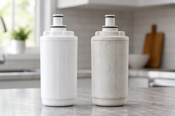 A new white refrigerator water filter cartridge beside a visibly worn older cartridge on a kitchen counter