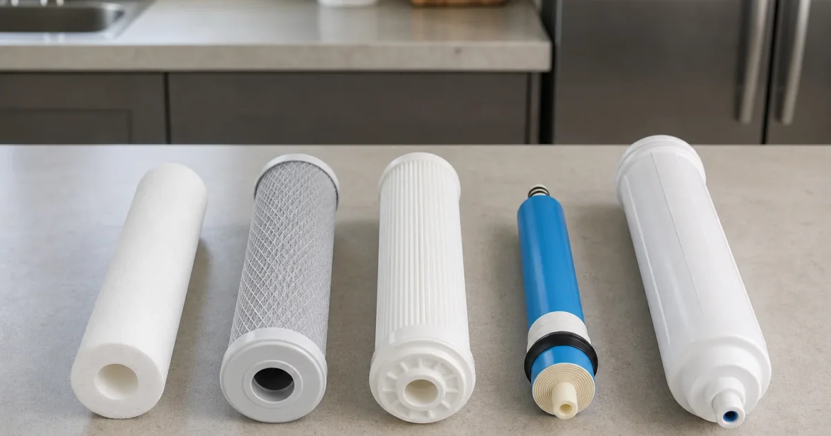 A row of reverse osmosis replacement filter cartridges and a membrane laid out in order on a plain surface