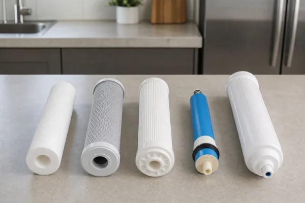 A row of reverse osmosis replacement filter cartridges and a membrane laid out in order on a plain surface