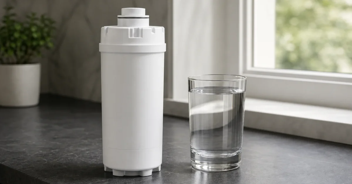 A white refrigerator water filter cartridge beside a filled clear glass of water on a dark stone counter with soft window light
