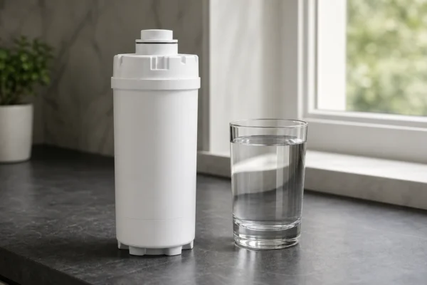 A white refrigerator water filter cartridge beside a filled clear glass of water on a dark stone counter with soft window light