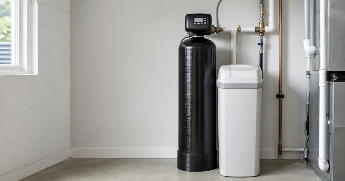A whole-house iron filter tank beside a water softener in a clean basement utility corner
