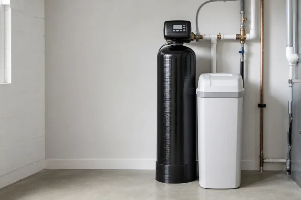 A whole-house iron filter tank beside a water softener in a clean basement utility corner