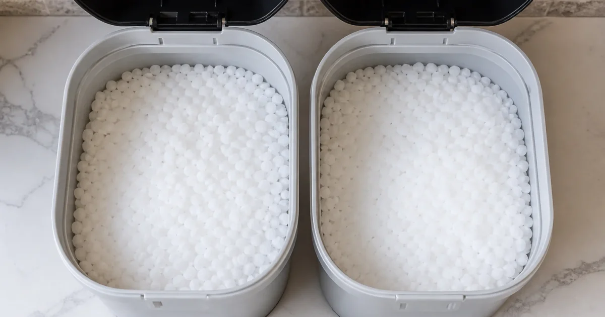 Coarse white water softener salt pellets filling an open brine tank seen from above
