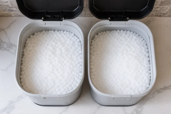 Coarse white water softener salt pellets filling an open brine tank seen from above