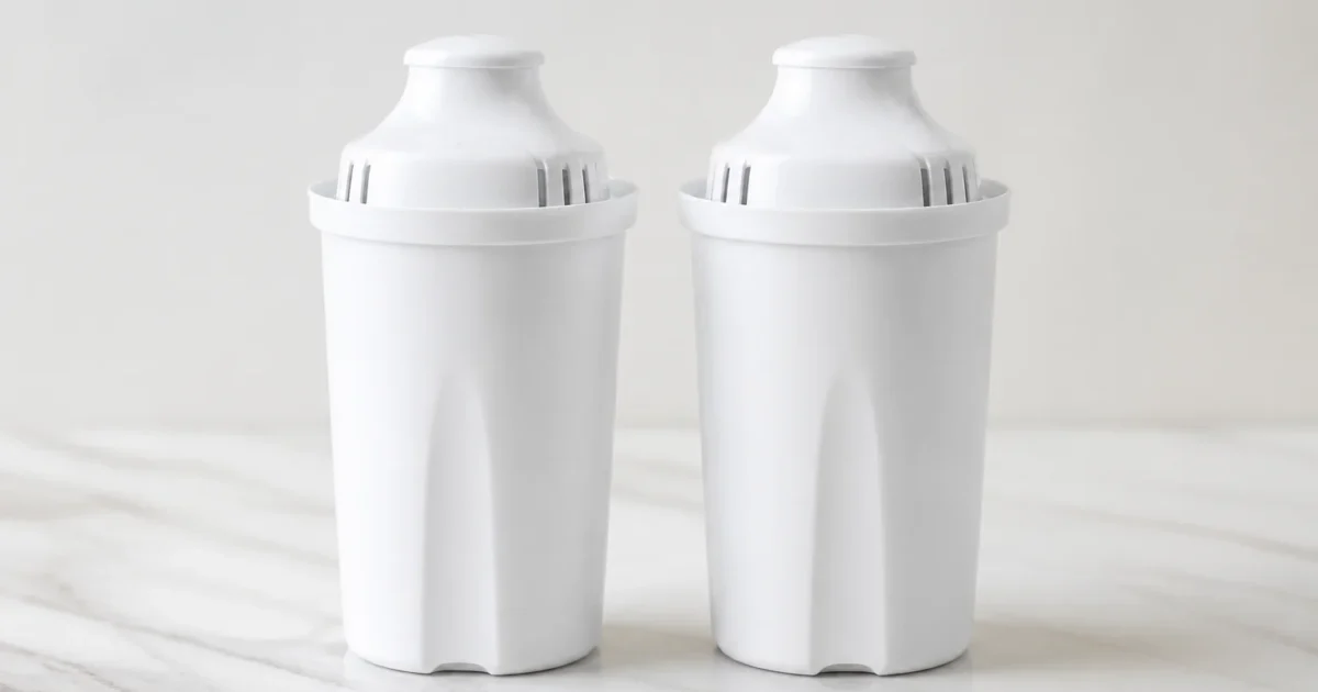 Two white pitcher filter cartridges of similar shape standing side by side on a light surface