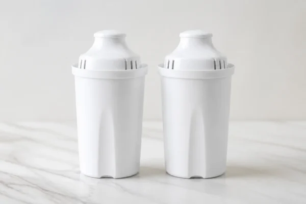 Two white pitcher filter cartridges of similar shape standing side by side on a light surface