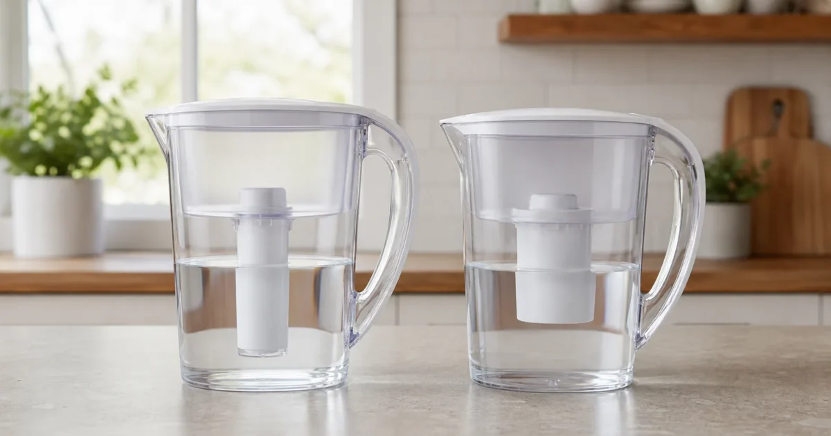 Two water filter pitchers side by side on a kitchen counter, one with a slim cartridge and one with a larger sealed cartridge