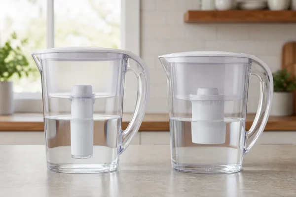 Two water filter pitchers side by side on a kitchen counter, one with a slim cartridge and one with a larger sealed cartridge