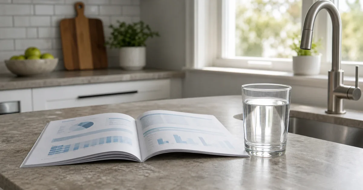 An annual water quality report booklet lying open on a kitchen counter beside a filled glass of clear tap water in natural daylight