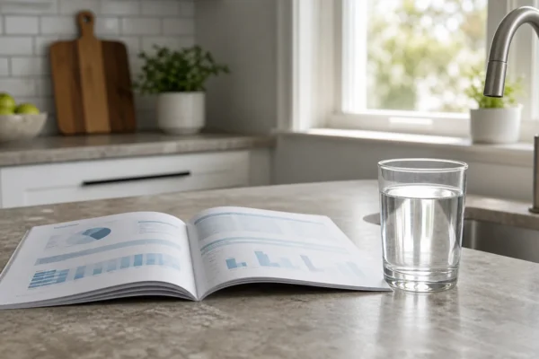 An annual water quality report booklet lying open on a kitchen counter beside a filled glass of clear tap water in natural daylight