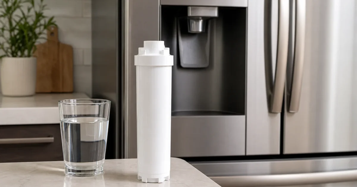 A white refrigerator water filter cartridge standing upright on a kitchen counter in front of a stainless steel refrigerator with a water dispenser