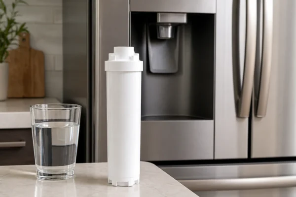 A white refrigerator water filter cartridge standing upright on a kitchen counter in front of a stainless steel refrigerator with a water dispenser