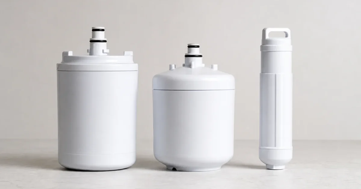 Three refrigerator water filter cartridges of different shapes and sizes lined up side by side on a plain light surface
