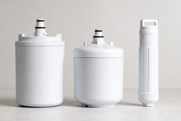 Three refrigerator water filter cartridges of different shapes and sizes lined up side by side on a plain light surface