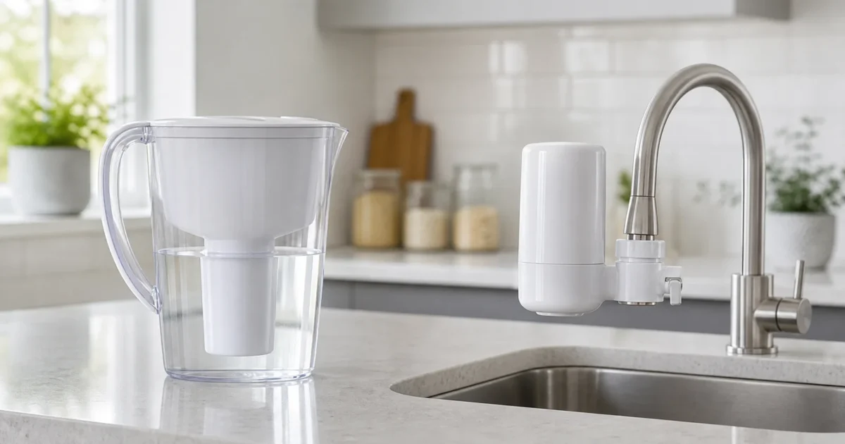 A water filter pitcher and a faucet-mount filter unit arranged together on a kitchen counter, wide composition