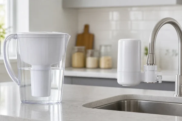 A water filter pitcher and a faucet-mount filter unit arranged together on a kitchen counter, wide composition