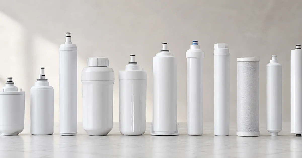 Several refrigerator water filter cartridges of different shapes arranged in a wide row on a clean light surface