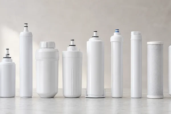 Several refrigerator water filter cartridges of different shapes arranged in a wide row on a clean light surface