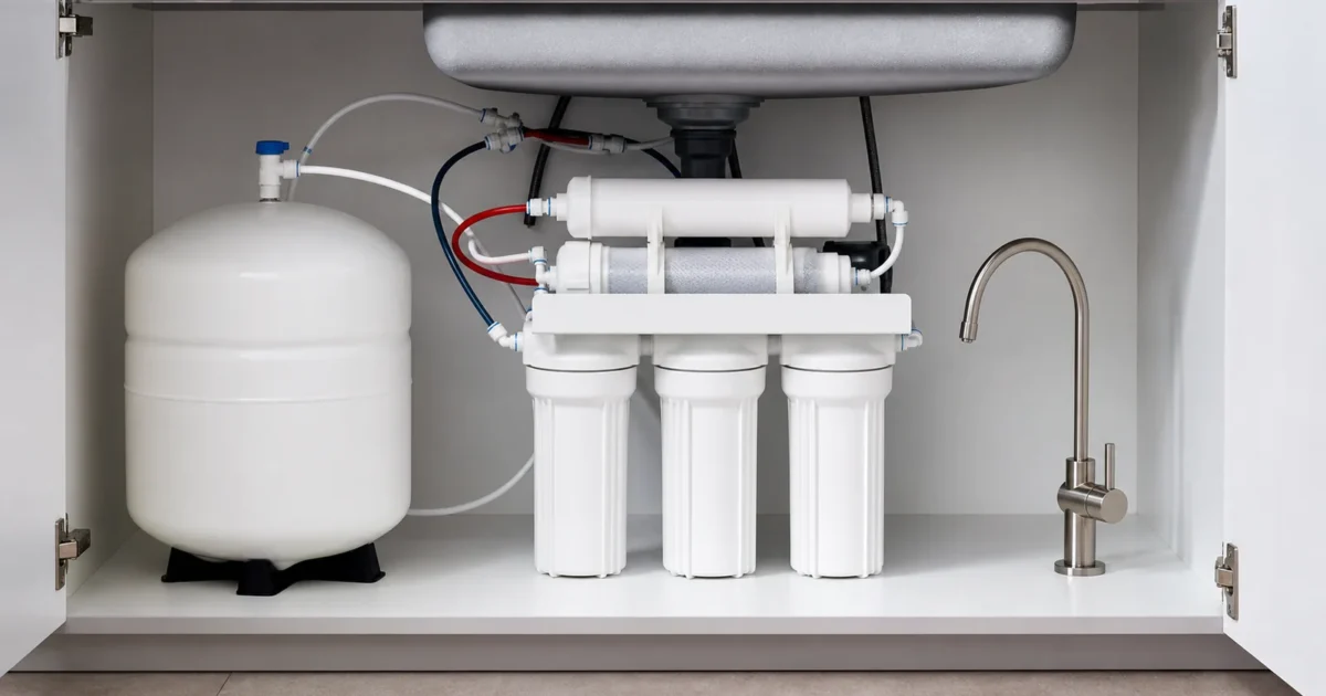 An under-sink reverse osmosis system with storage tank, dedicated faucet, and filter stages arranged in a wide composition on a plain background