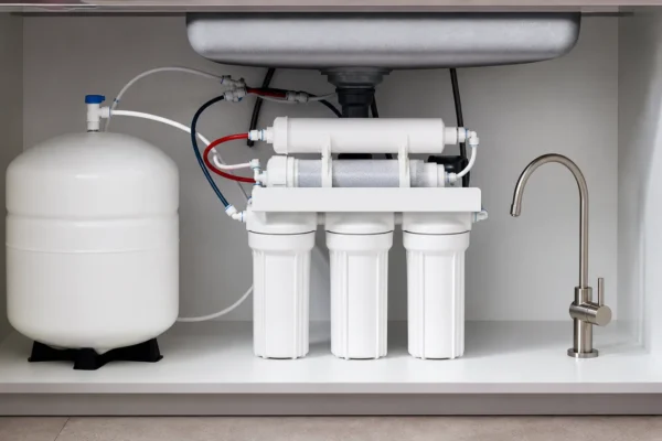 An under-sink reverse osmosis system with storage tank, dedicated faucet, and filter stages arranged in a wide composition on a plain background